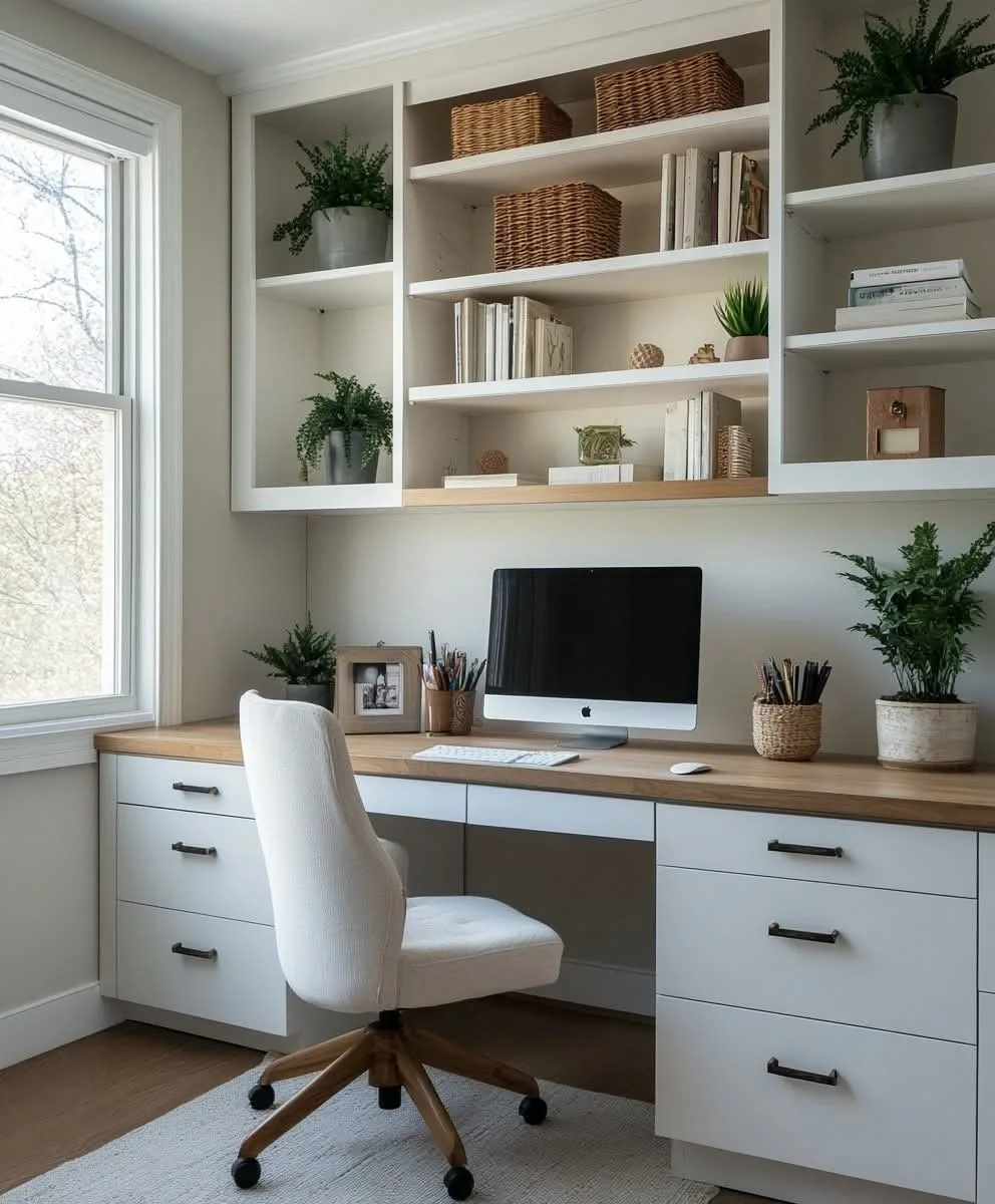Organized small home office with a compact desk and wall storage