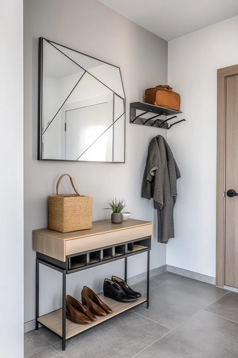Compact apartment entryway organized with hooks, a bench, and baskets