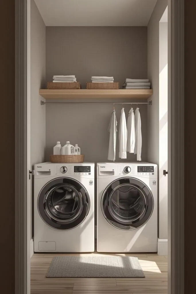 Tiny laundry closet organized with shelves and baskets