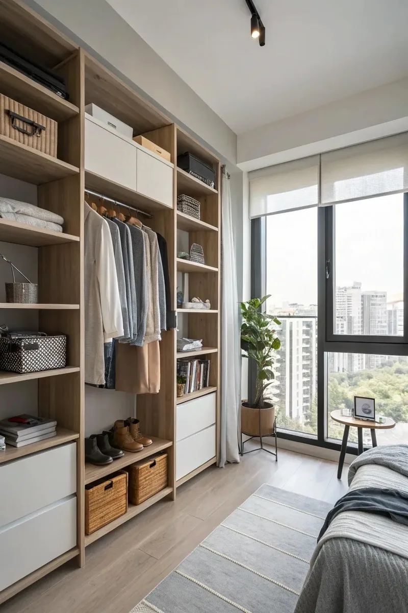Tiny apartment using vertical wall storage and high shelving