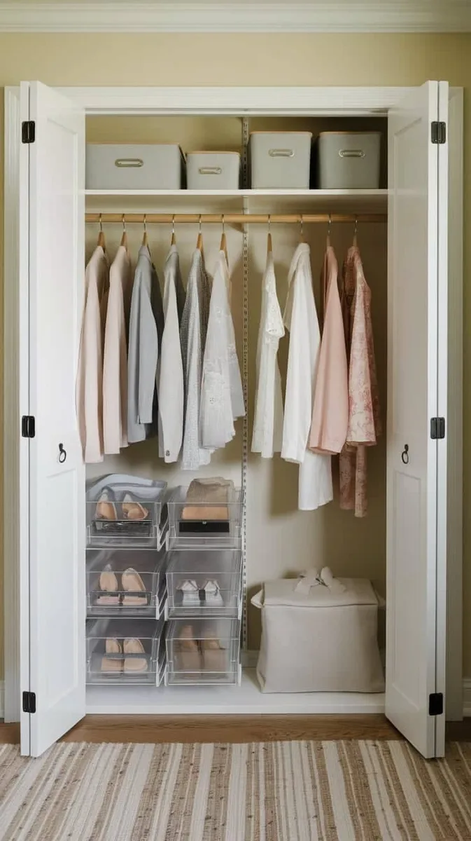 Narrow closet arranged with shelves, rods, and labeled storage