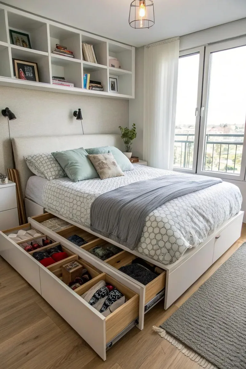 Small bedroom using organized under-bed storage